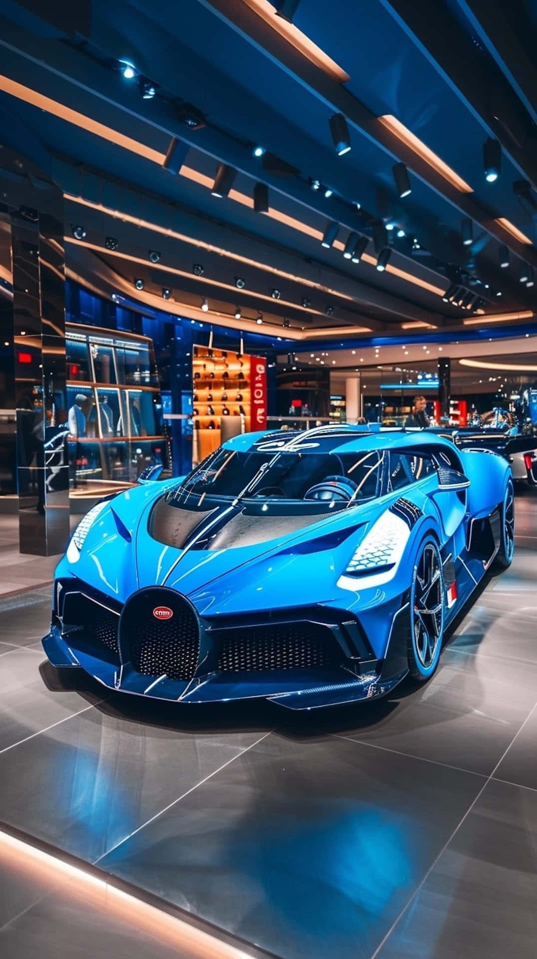 Bugatti Bolide, showroom, dramatic ceiling lights, Full HD Phone Wallpaper