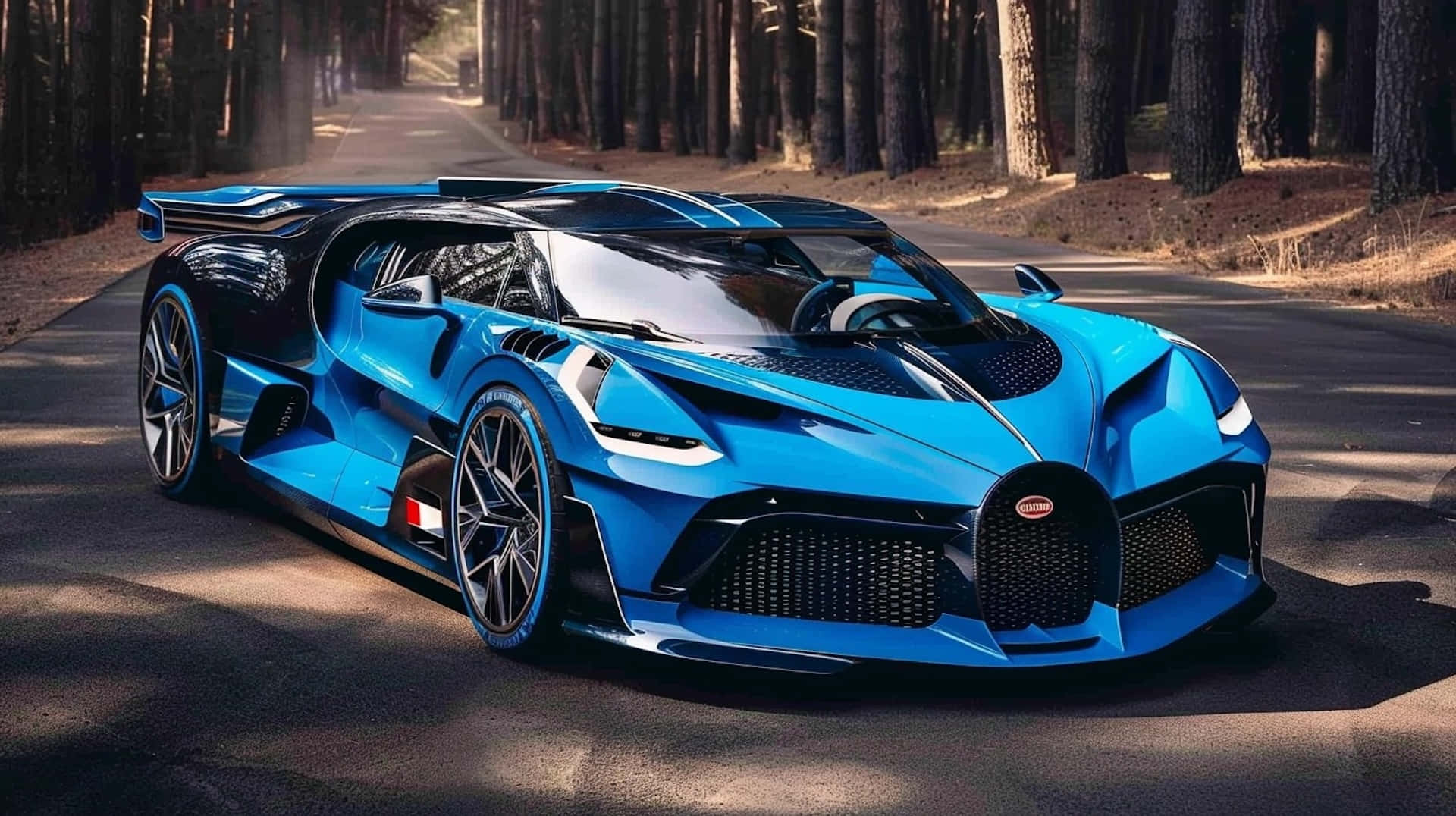 Bugatti Bolide, blue, winding forest road, Full HD Desktop Wallpaper