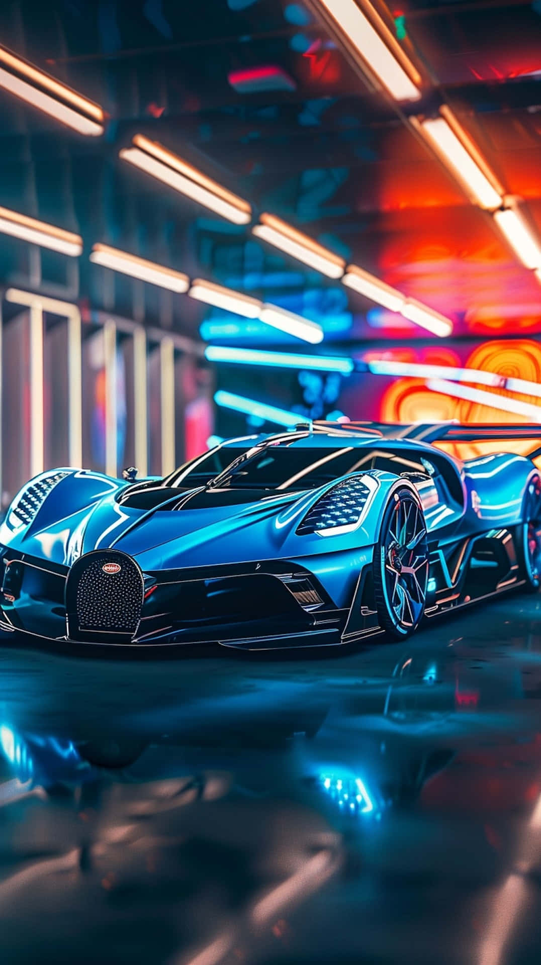 Bugatti Bolide, neon lights, futuristic garage, Full HD Phone Wallpaper