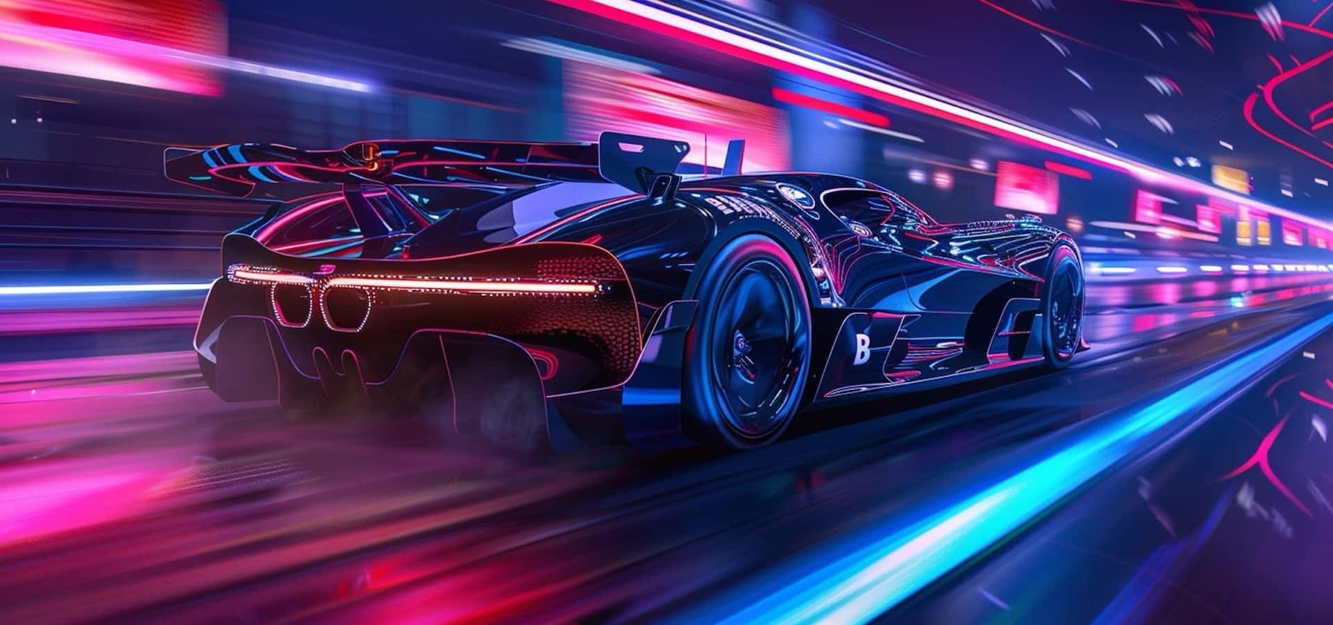 Bugatti Bolide, neon-drenched futuristic city street, sleek black sports car, Full HD Desktop Wallpaper