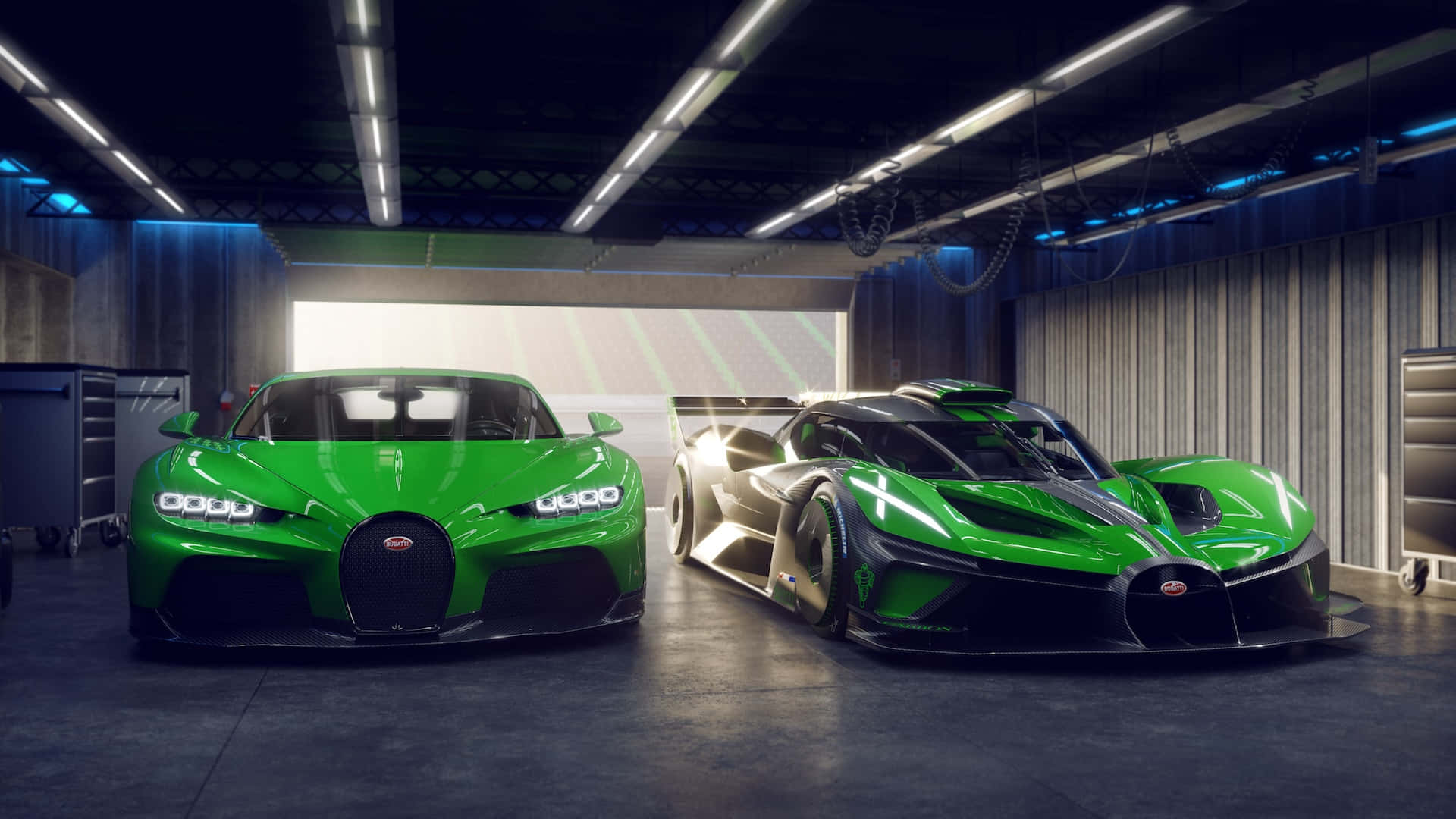 Bugatti Bolide, green, industrial lights, Full HD Desktop Wallpaper