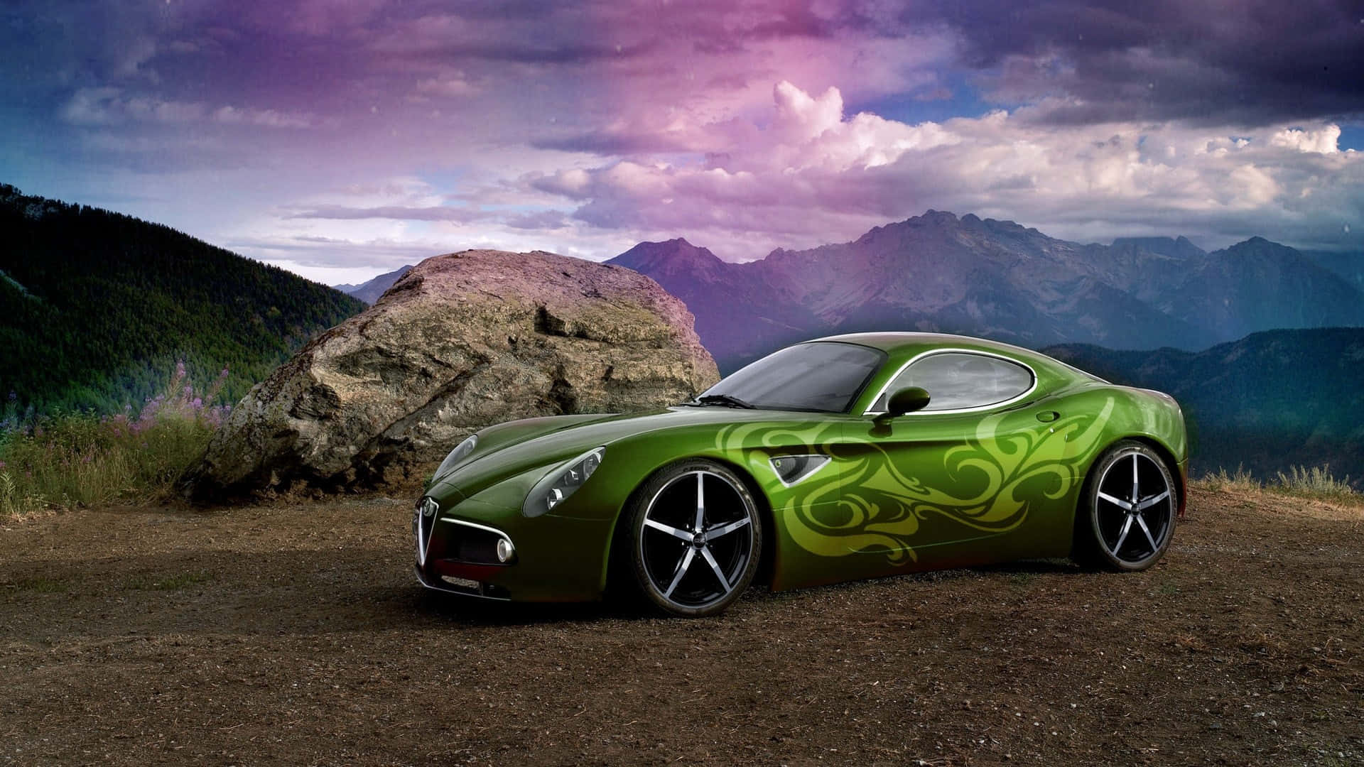 Bugatti Car, vibrant green, swirling decals, Full HD Desktop Wallpaper