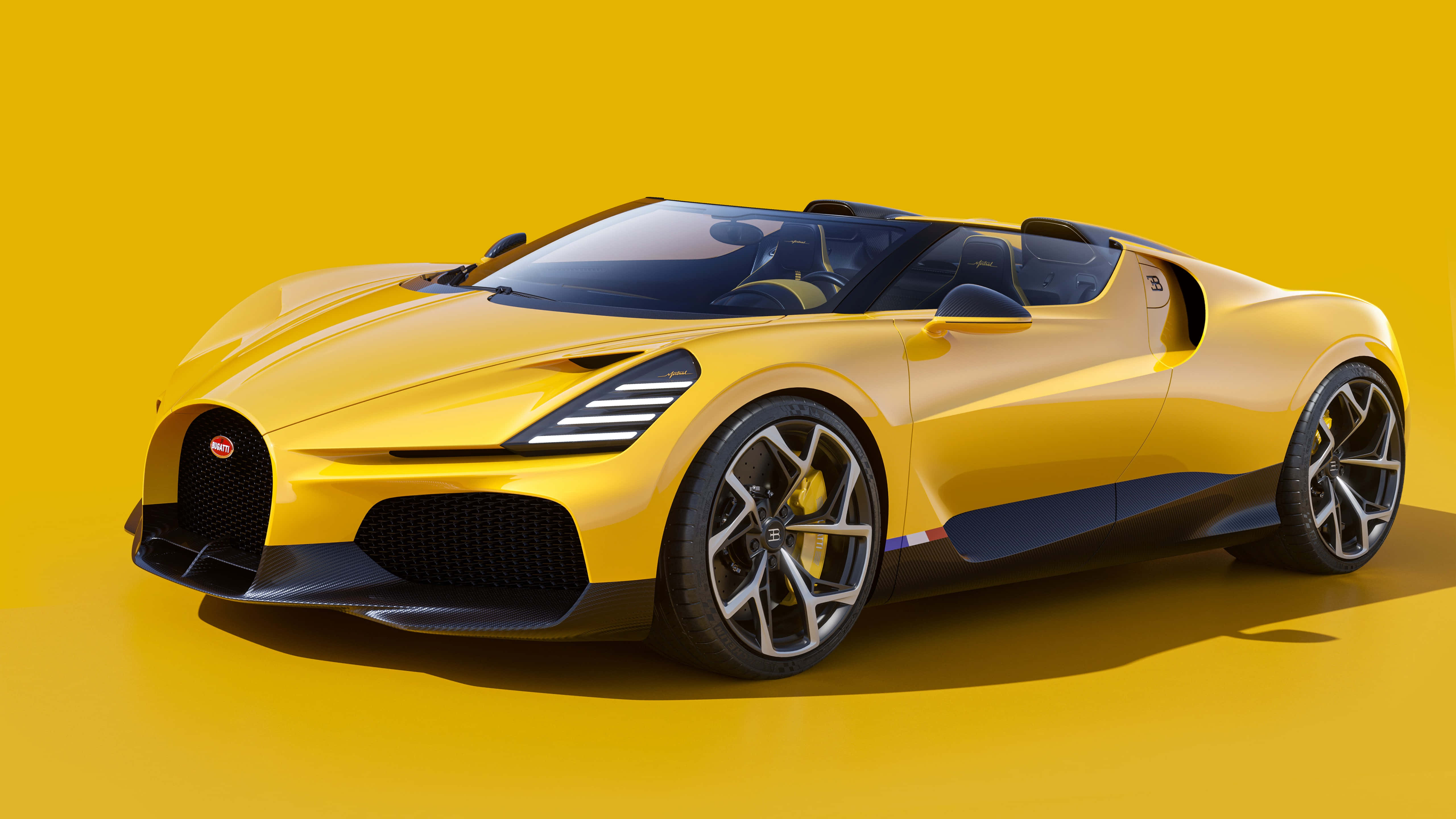 Bugatti Car, sleek yellow, black accents, 5K Desktop Wallpaper