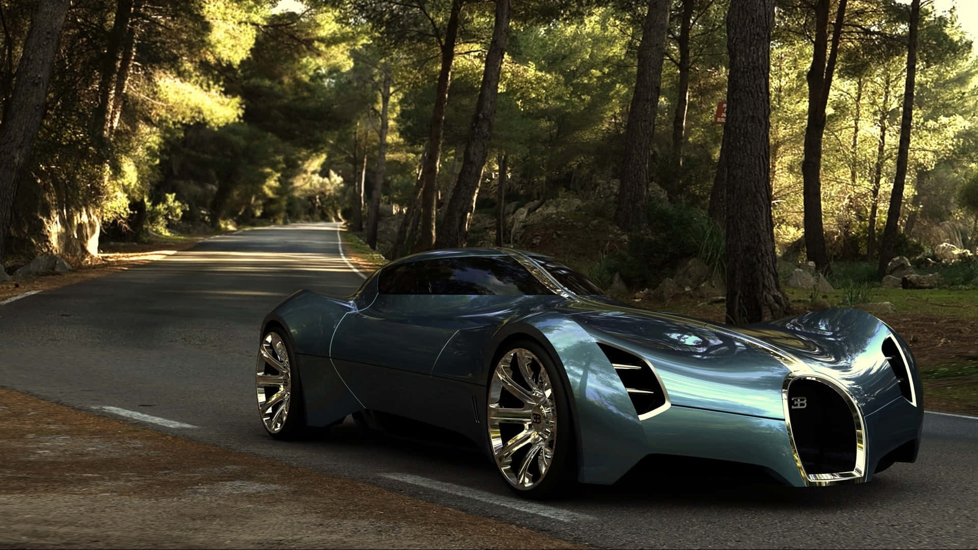 futuristic blue sports car, winding forest road, golden sunlight, Full HD Desktop Wallpaper