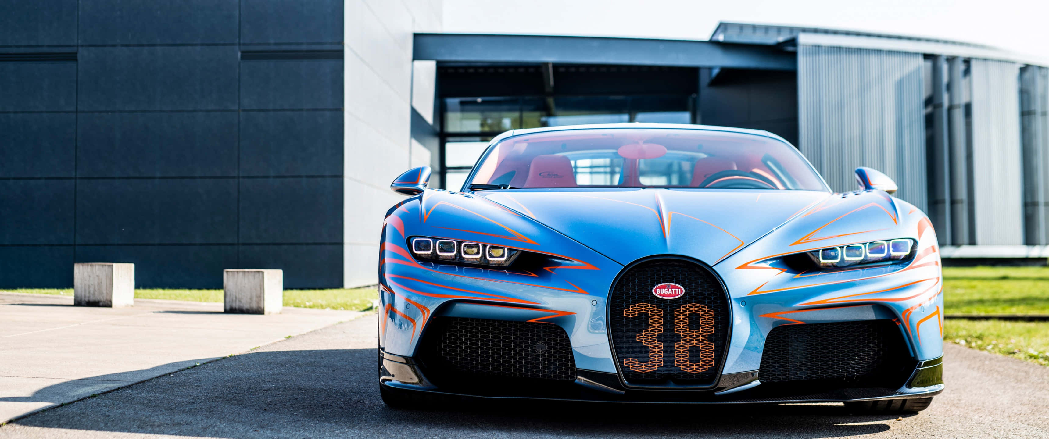 Bugatti Car, futuristic blue, orange flame decals, 2K Desktop Wallpaper