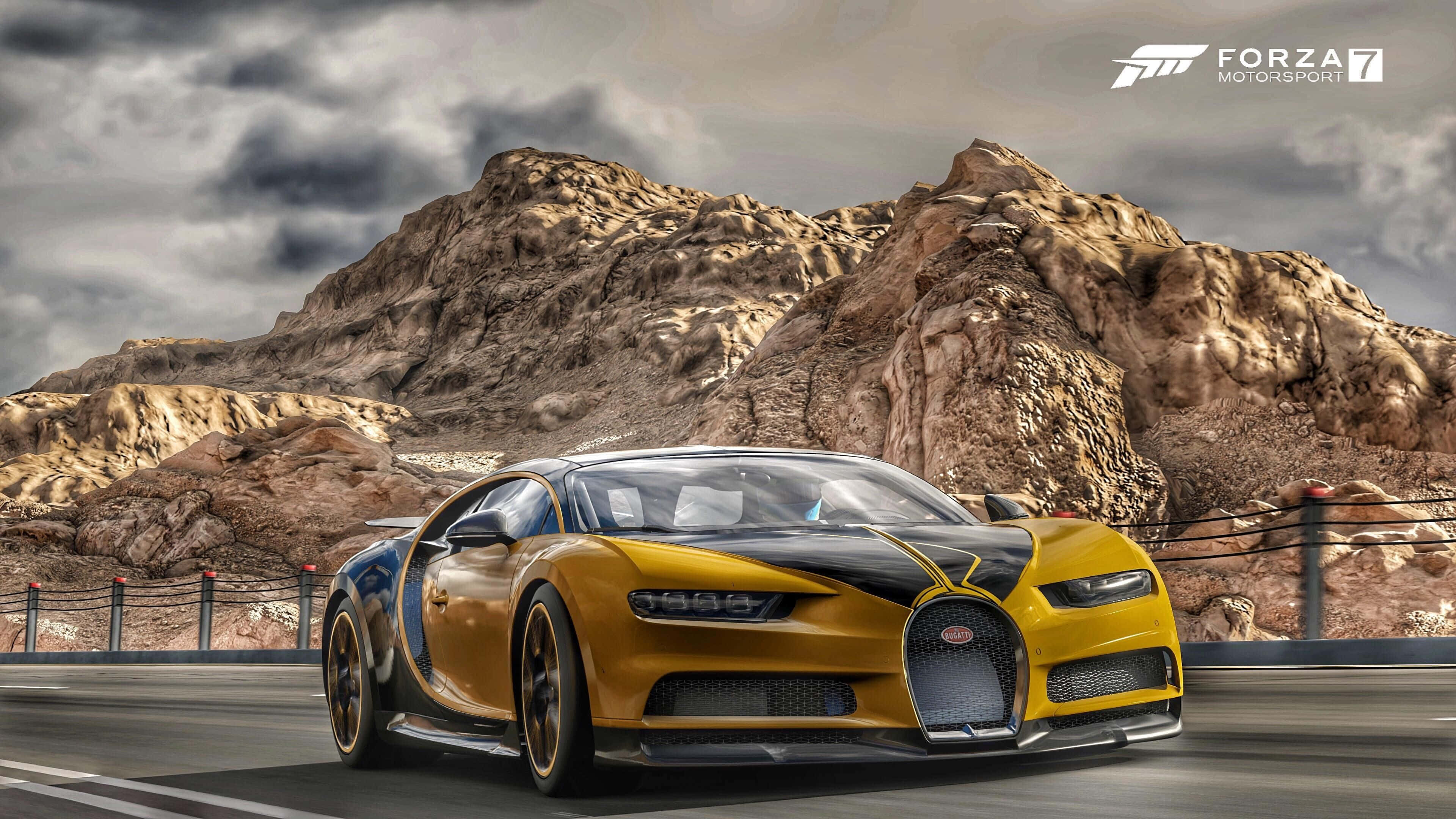 Bugatti Chiron, yellow and black, desert highway, 4K Desktop Wallpaper