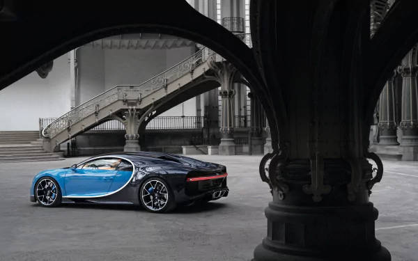 Bugatti Chiron, blue and black, ornate stone arches, SD Desktop Wallpaper