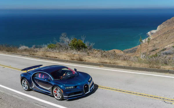 Bugatti Chiron, blue, coastal highway, SD Desktop Wallpaper