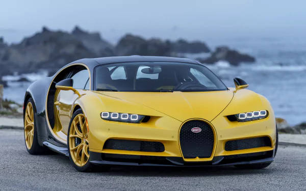 Yellow Bugatti Chiron, gold wheels, coastal road, SD Desktop Wallpaper