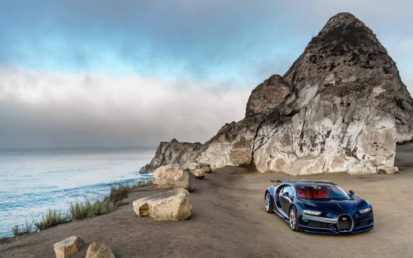 Bugatti Chiron, blue, coastal cliffside, SD Desktop Wallpaper