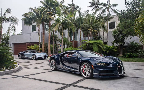 Bugatti Chiron, tiled driveway, palm trees, SD Desktop Wallpaper