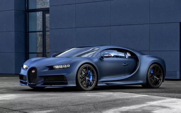 Bugatti Chiron, matte blue, modern blue building, SD Desktop Wallpaper
