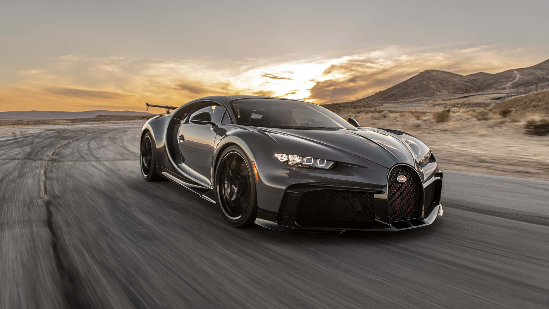 Bugatti Chiron, desert road, sunset, Full HD Desktop Wallpaper