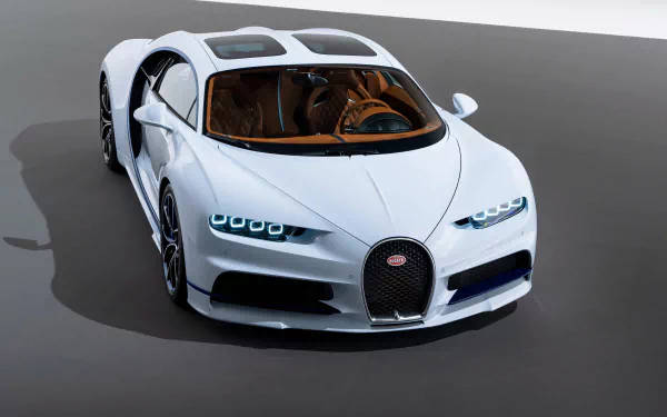 Bugatti Chiron, white, glowing blue headlights, SD Desktop Wallpaper