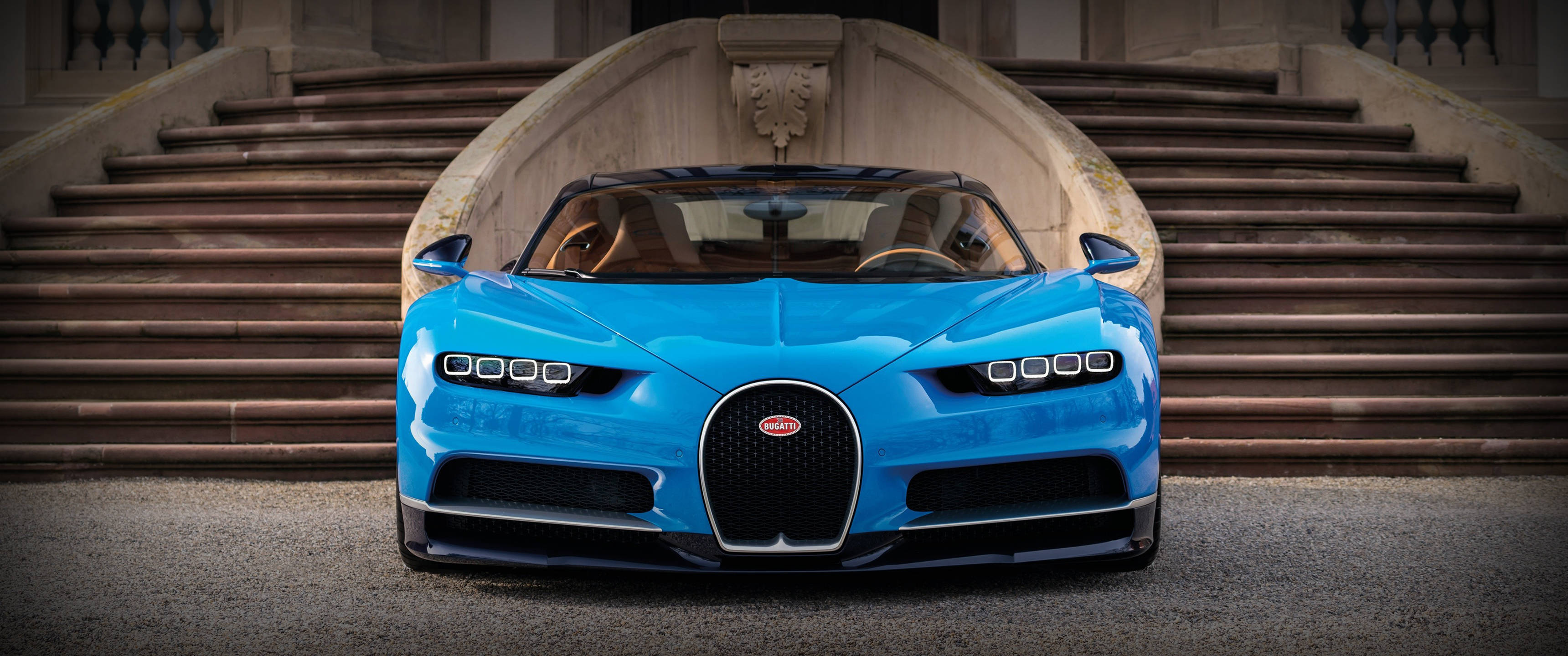 Bugatti Chiron, vibrant blue, grand stone stairs, 2K Desktop Wallpaper