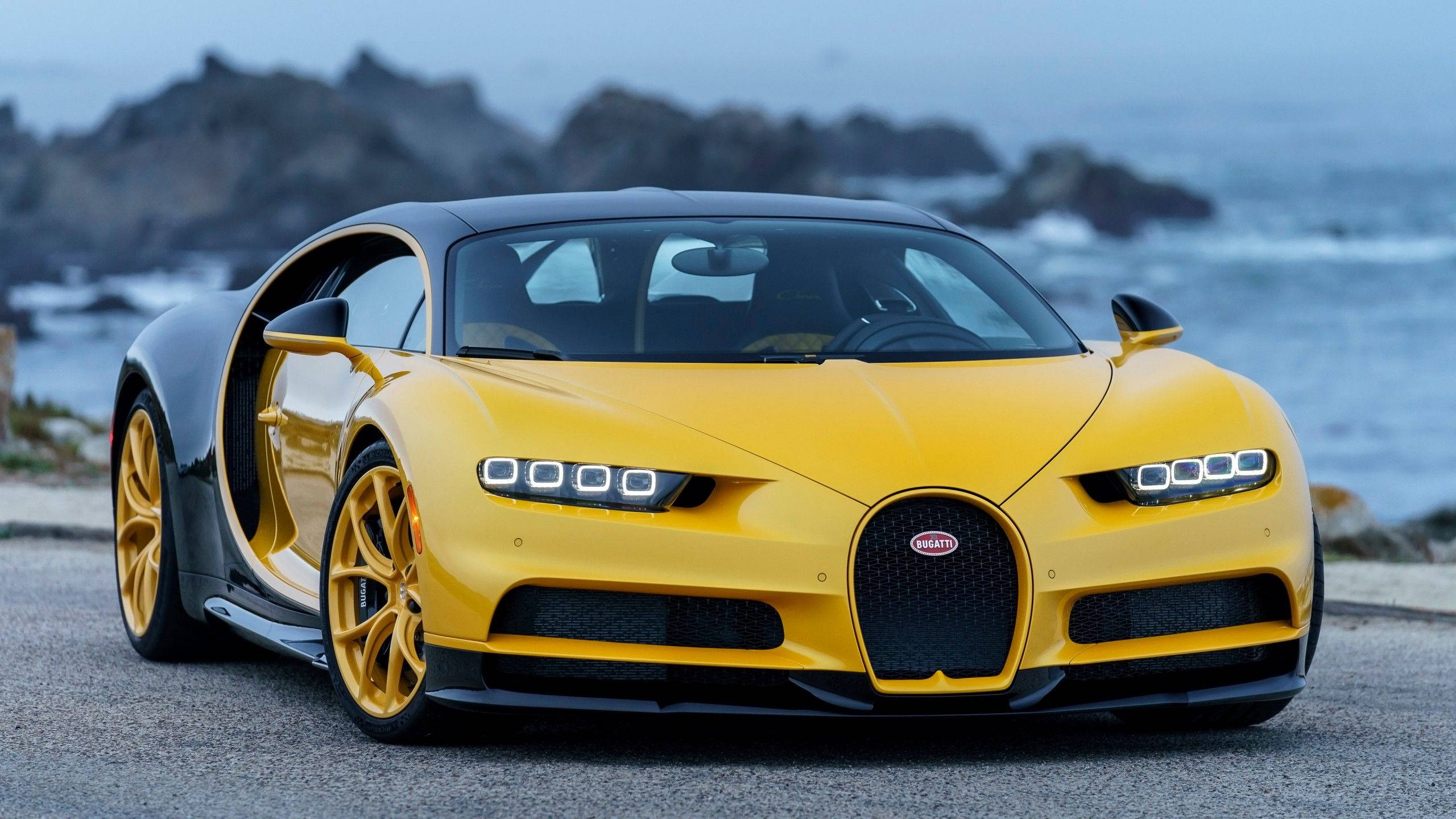 Shiny Yellow Bugatti Chiron, coastal road, crashing waves, 2K Desktop Wallpaper