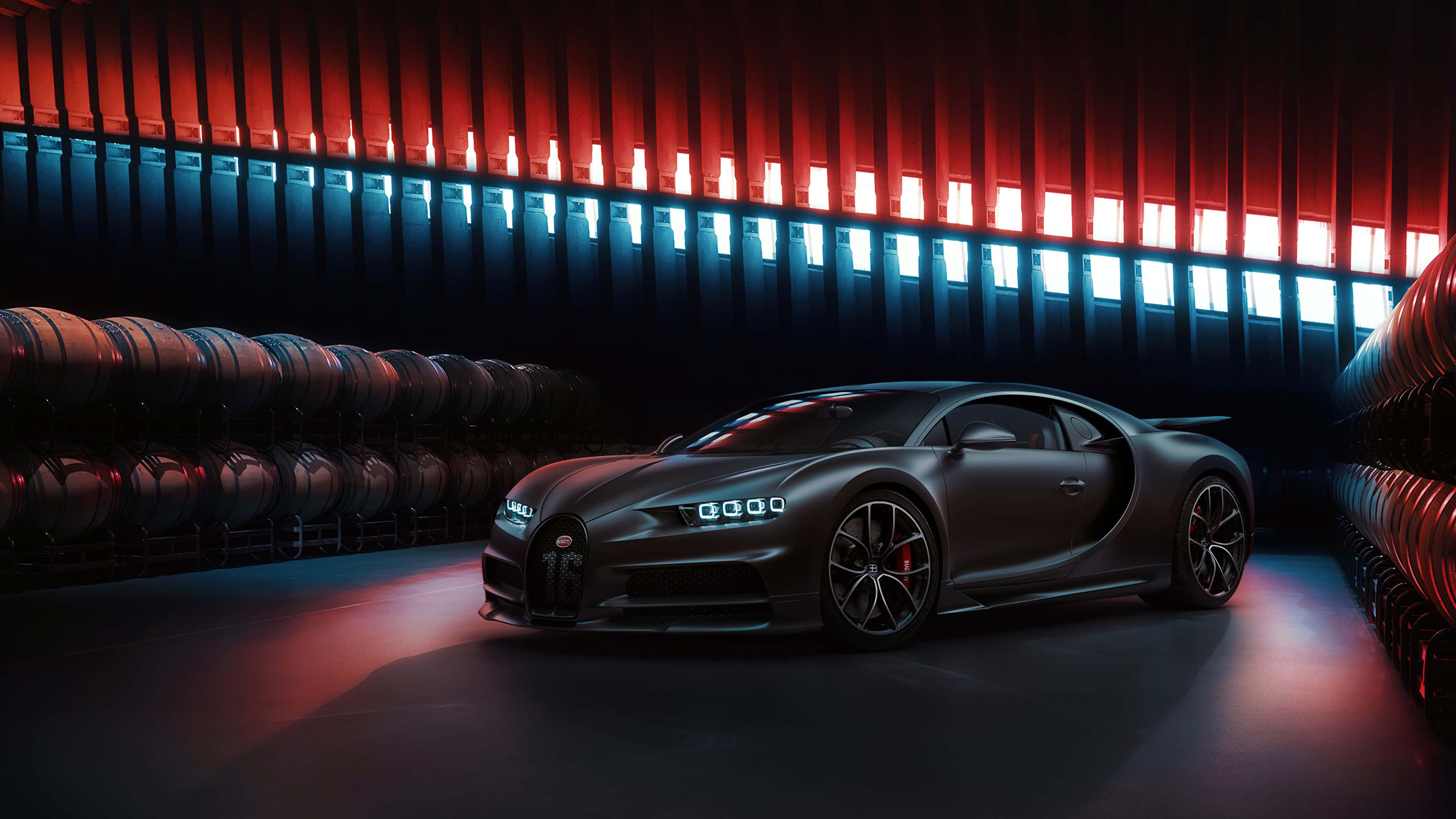 Bugatti Chiron, matte black, red and blue neon lights, 4K Desktop Wallpaper