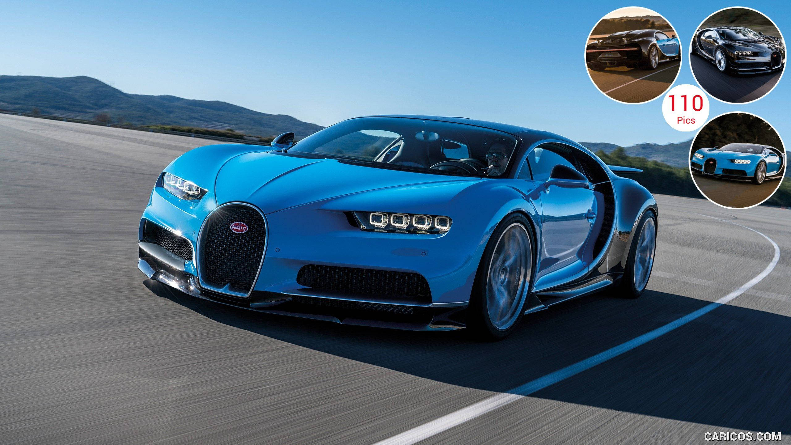 Bugatti Chiron, blue, sunlit mountain road, 2K Desktop Wallpaper