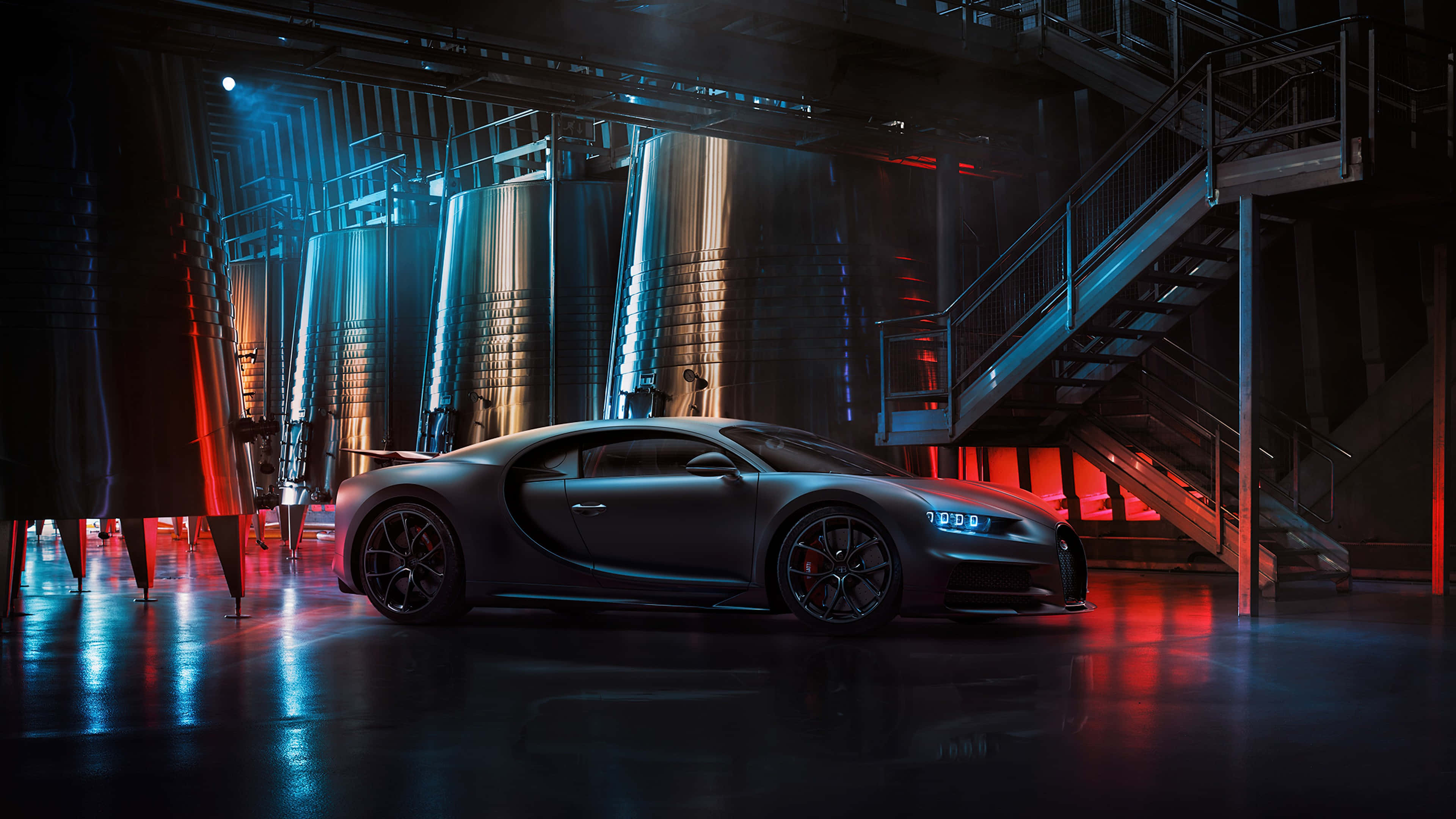 Bugatti Chiron, matte black, industrial warehouse, 4K Desktop Wallpaper