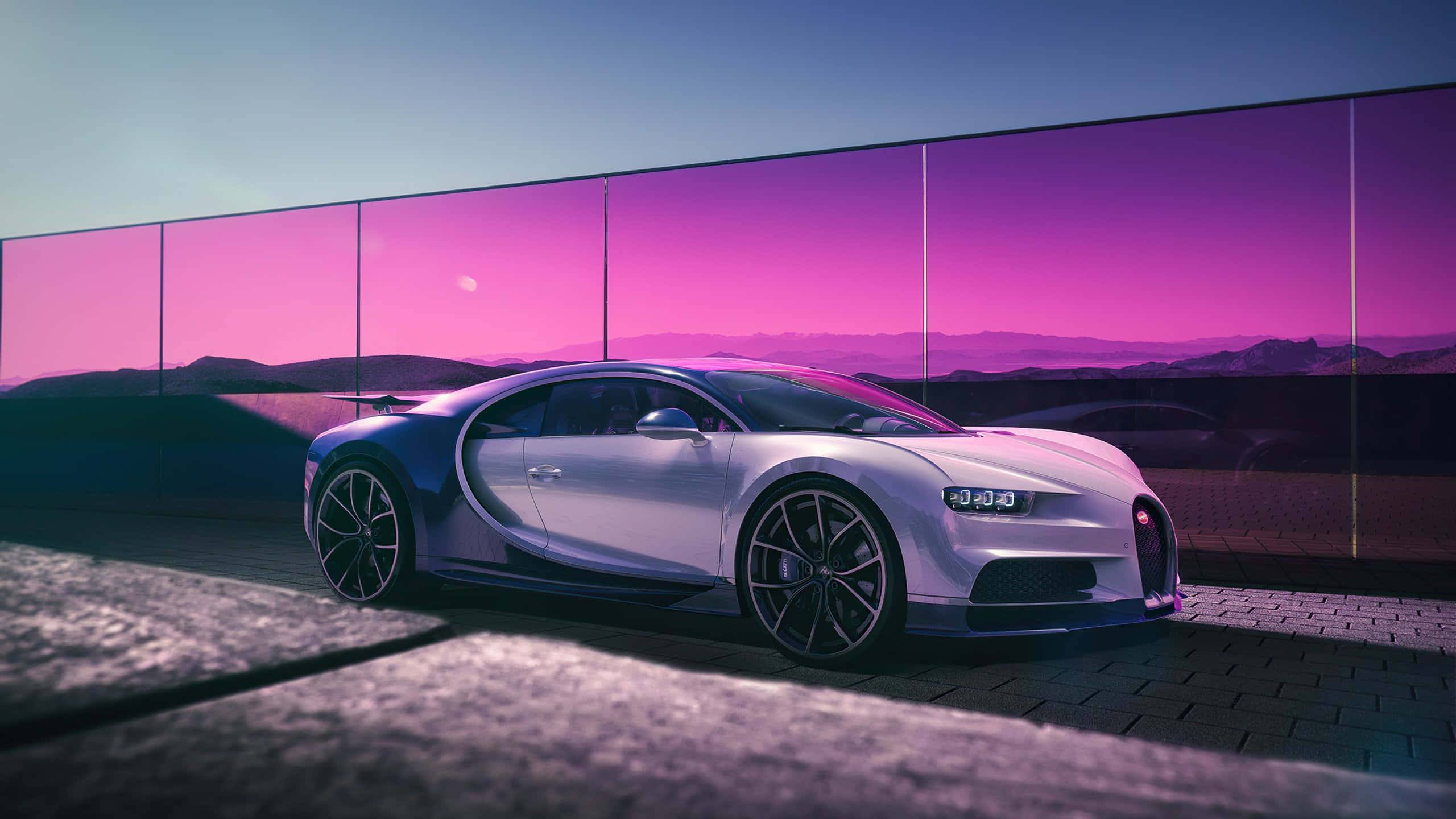 Bugatti Chiron, silver, vibrant purple sunset, 2K Desktop Wallpaper