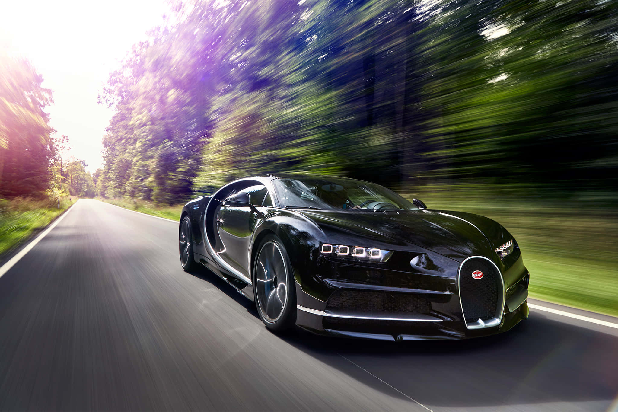 Bugatti Chiron, sleek black, sunlit forest road, Full HD Desktop Wallpaper