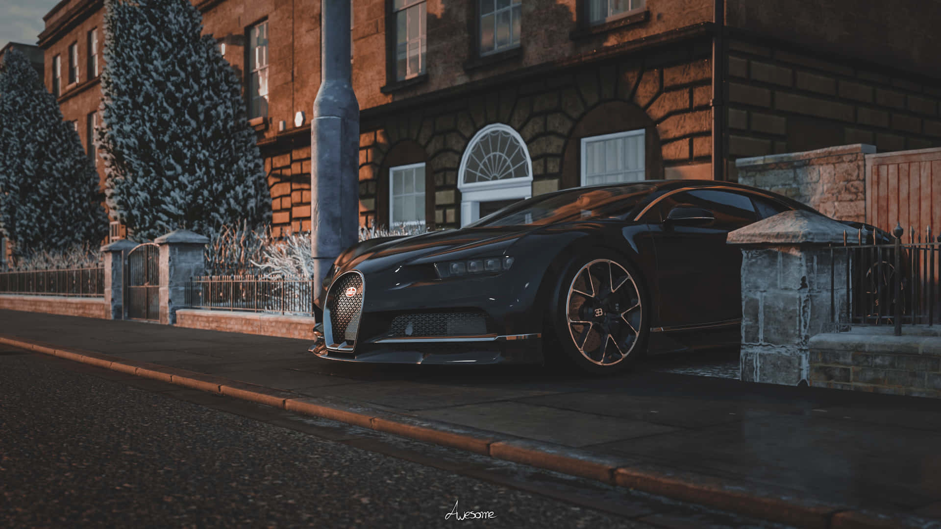 Bugatti Chiron, black, snowy urban street, Full HD Desktop Wallpaper