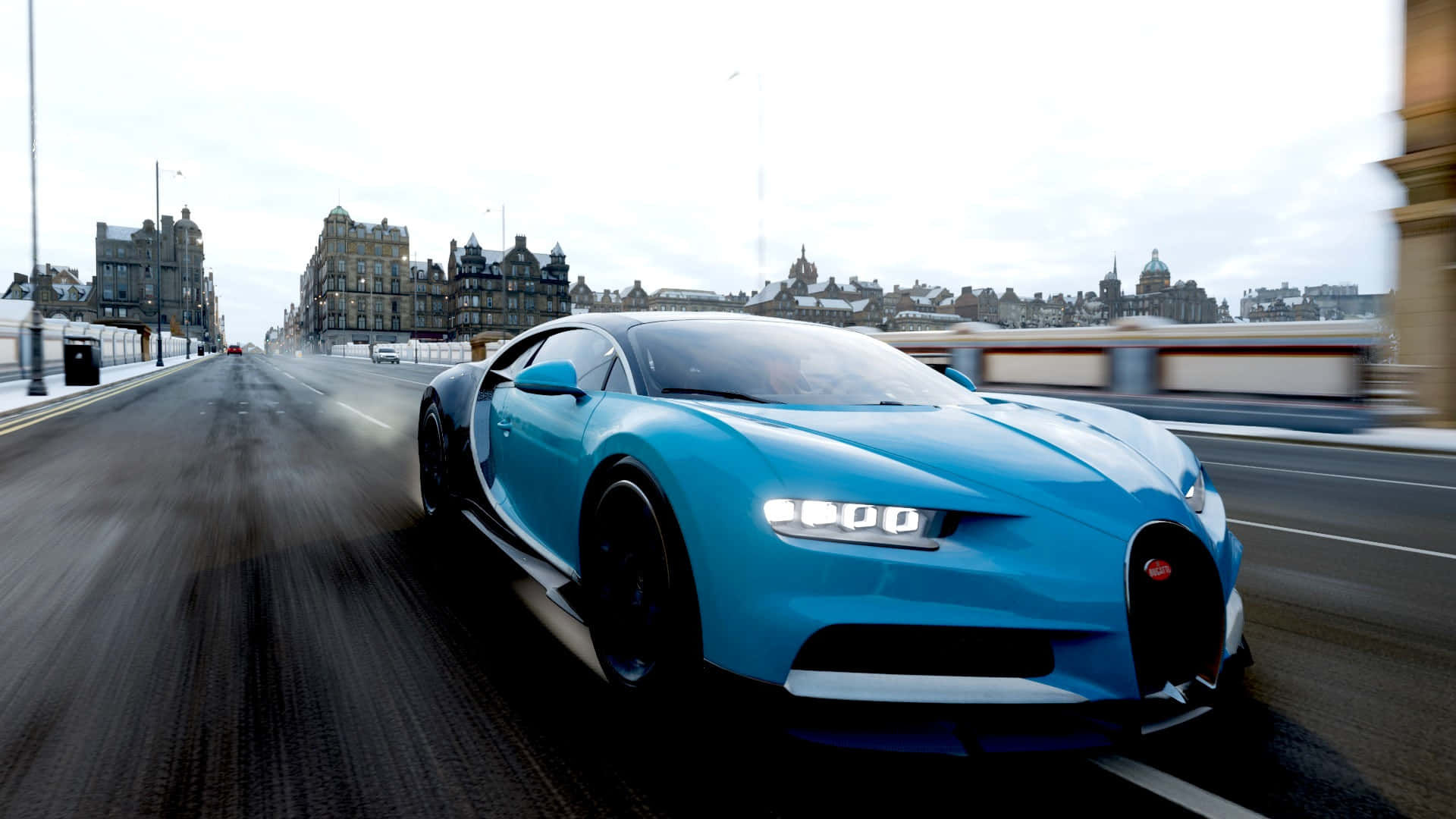 Bugatti Chiron, vibrant blue, snowy urban bridge, Full HD Desktop Wallpaper