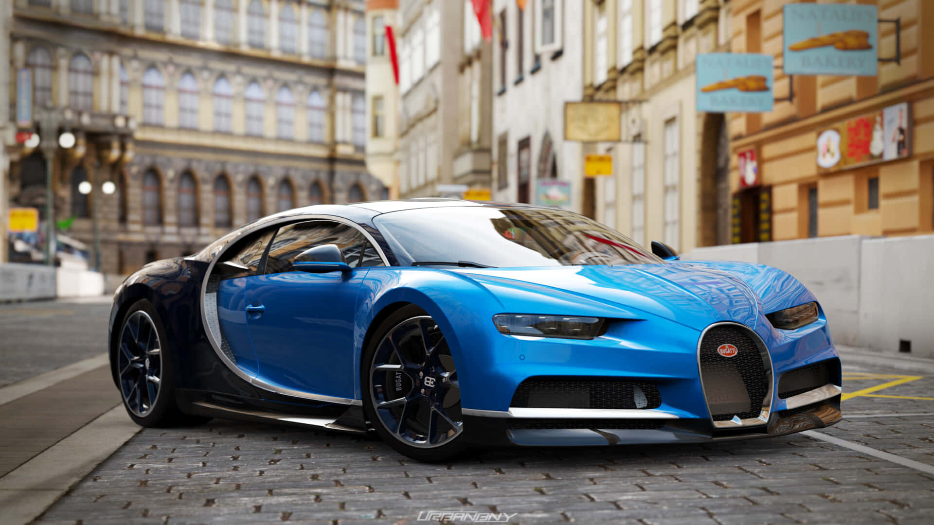 Bugatti Chiron, vibrant blue, cobblestone city street, Full HD Desktop Wallpaper