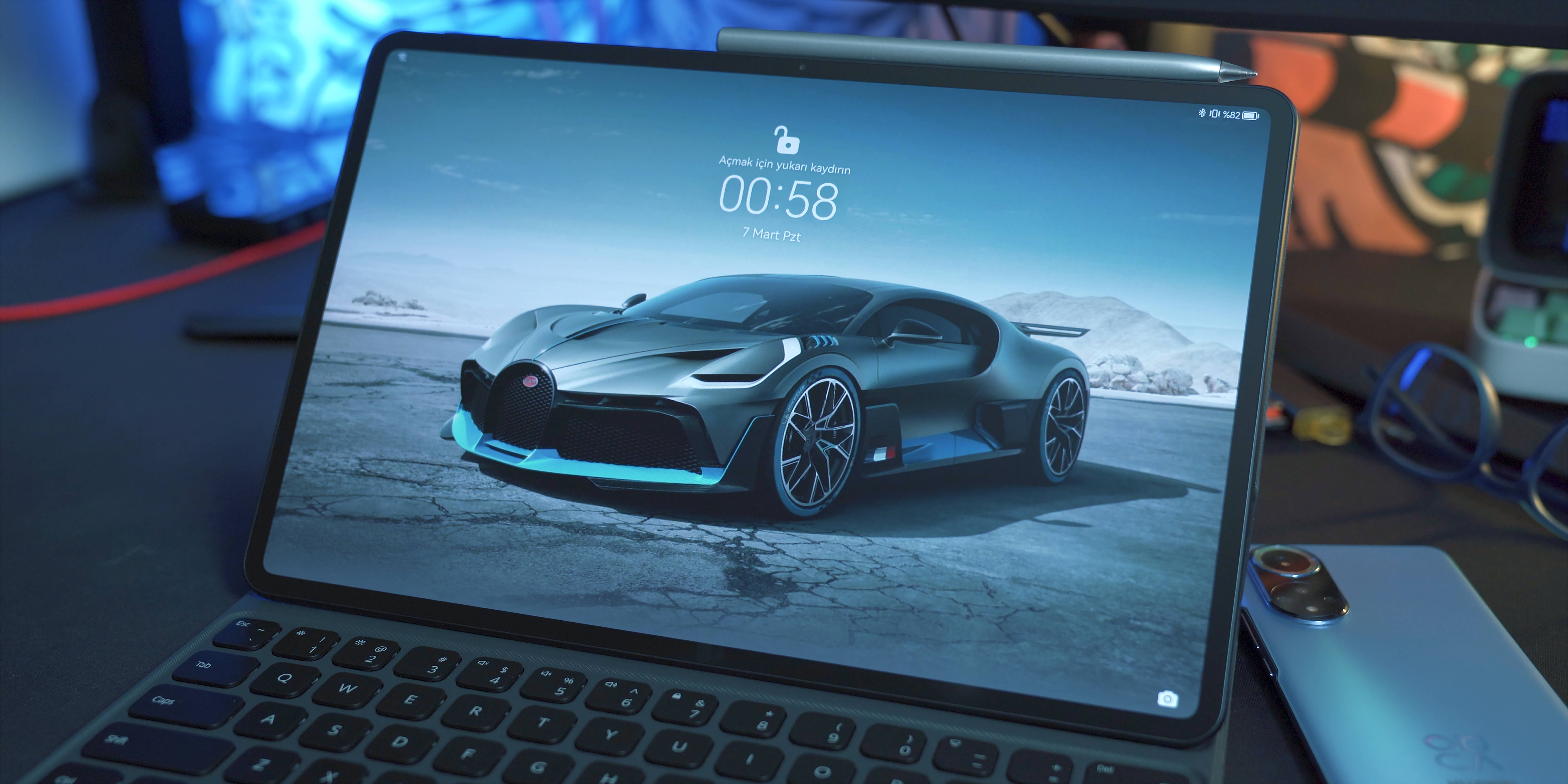Bugatti, silver, glowing blue accents, 8K Desktop Wallpaper