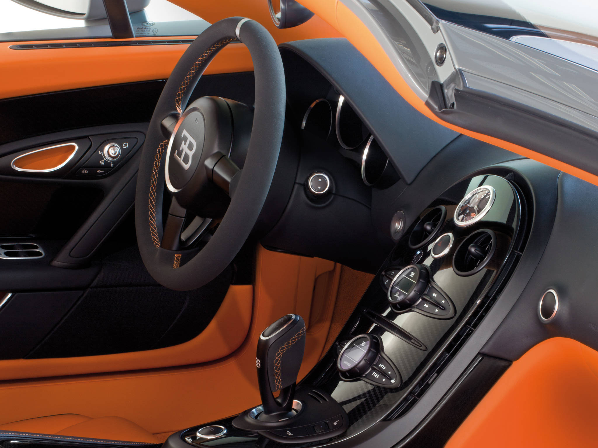 Bugatti, black dashboard, orange leather, Full HD Desktop Wallpaper