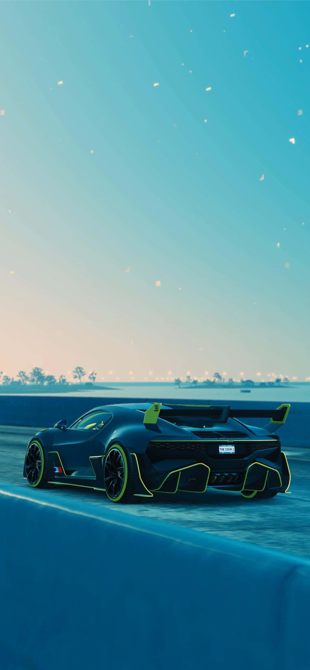 Bugatti Phone, sleek black sports car, neon yellow accents, 2K Phone Wallpaper