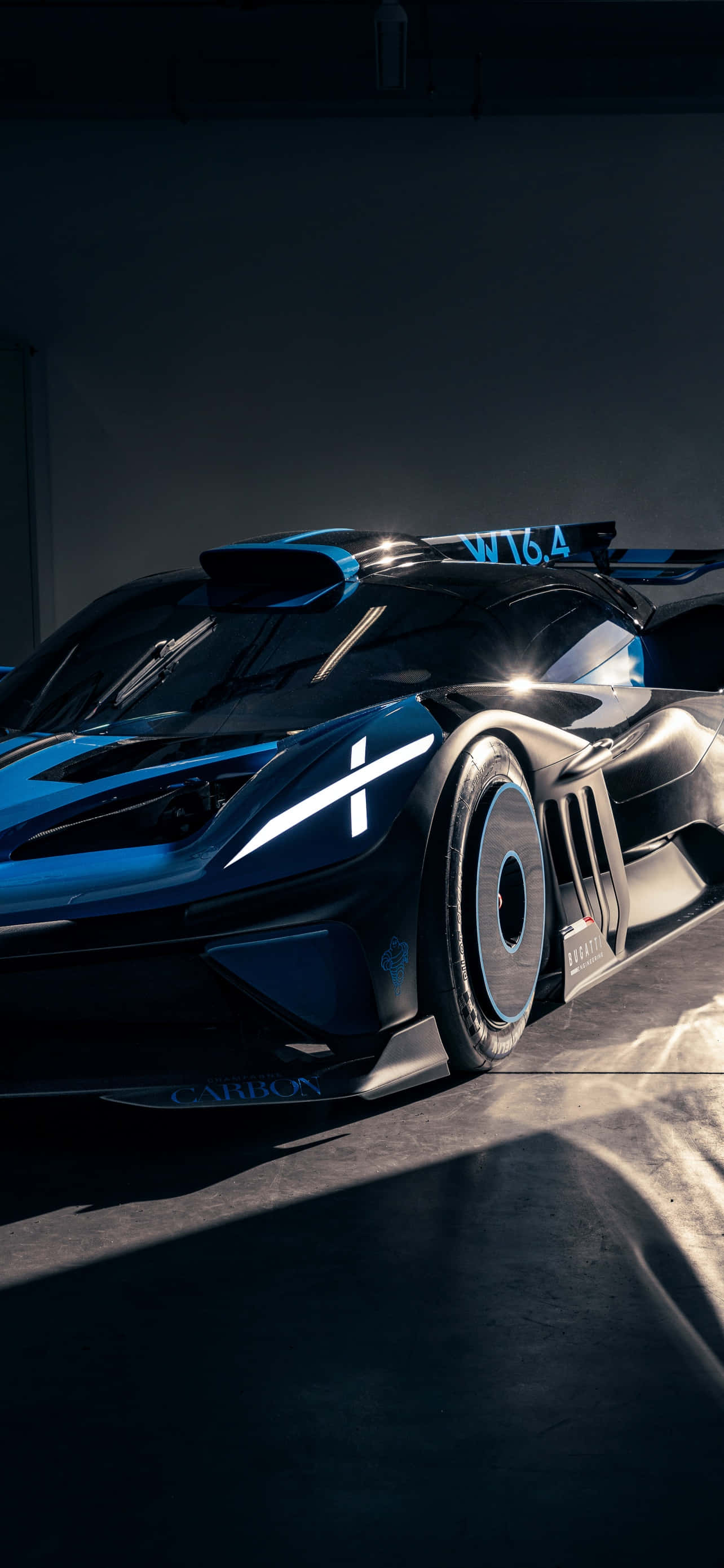 Bugatti Phone, blue and black hypercar, glowing accents, 2K Phone Wallpaper