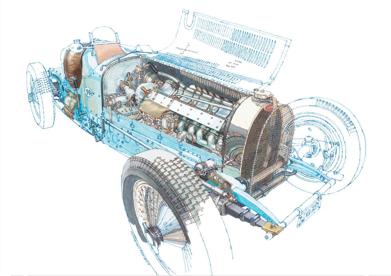 Bugatti Type 35, blue, technical illustration, SD Desktop Wallpaper