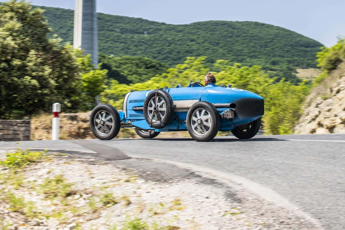 Bugatti Type 35, blue, winding mountain road, SD Desktop Wallpaper