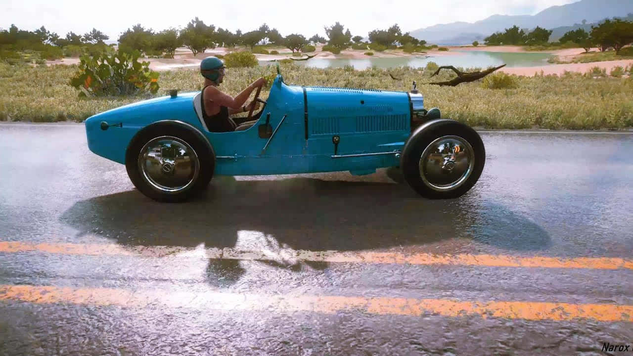 Bugatti Type 35, vintage blue race car, wet road, HD Desktop Wallpaper