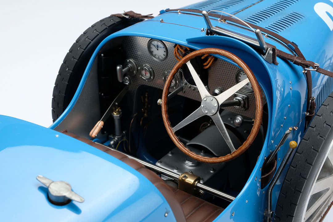 Bugatti Type 35, vintage blue race car, wooden steering wheel, SD Desktop Wallpaper