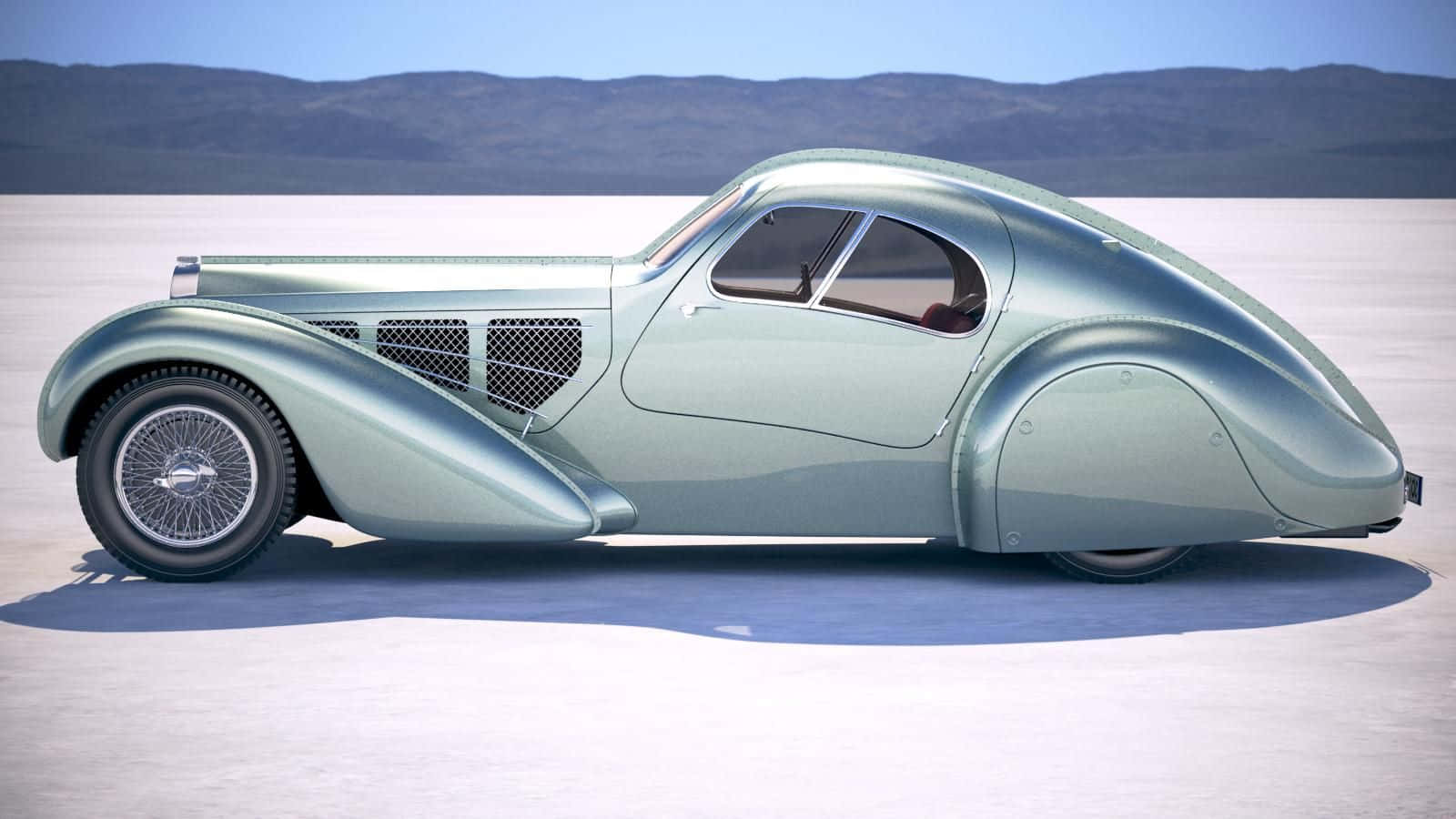 Bugatti Type 57, silver, white salt flat, HD Desktop Wallpaper