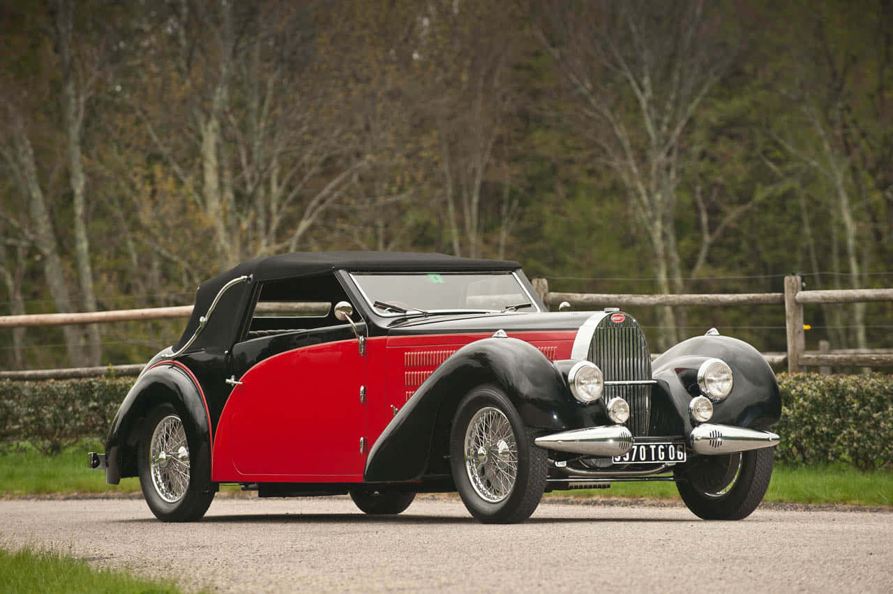 Bugatti Type 57, classic red and black convertible, chrome accents, HD Desktop Wallpaper