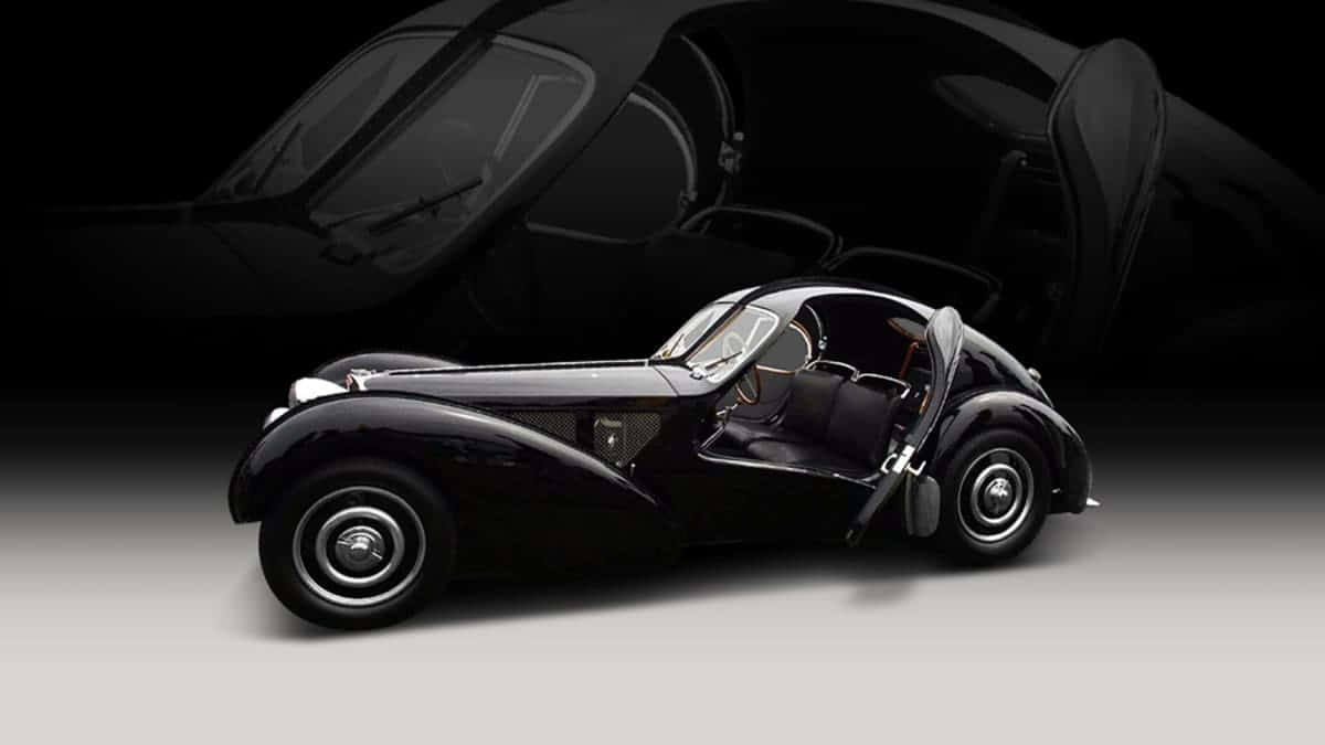Bugatti Type 57, sleek black vintage sports car, open doors, SD Desktop Wallpaper