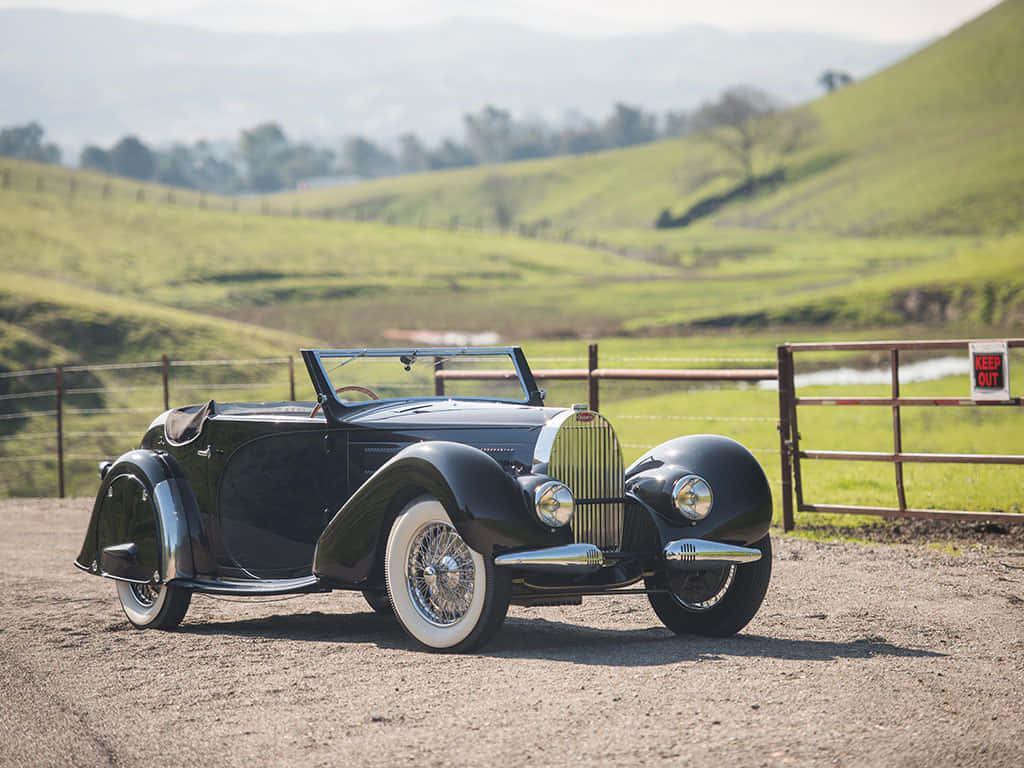 Bugatti Type 57, sleek black vintage convertible, white wall tires, SD Desktop Wallpaper