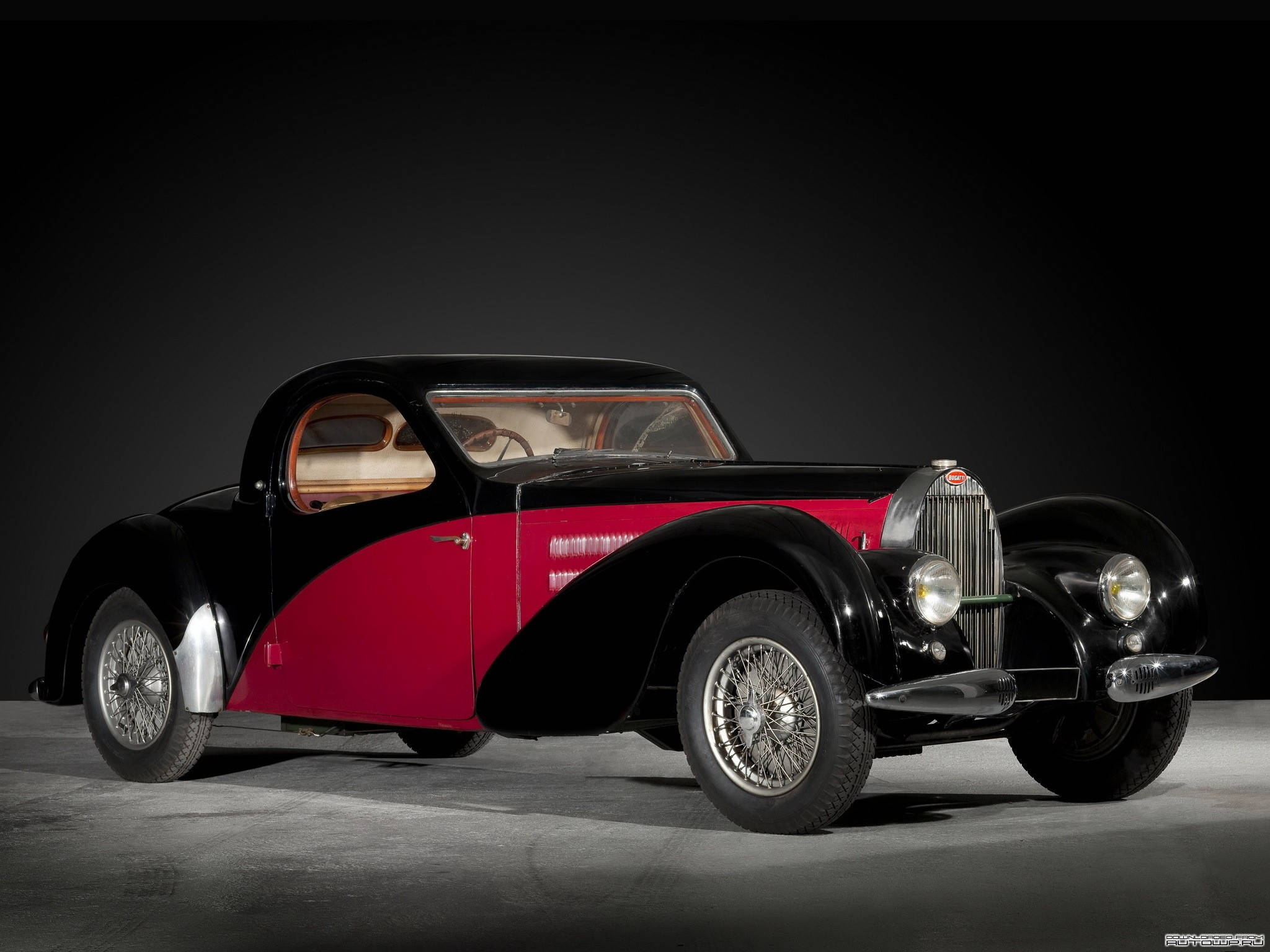 Bugatti Type 57, black and red paint, studio lights, Full HD Desktop Wallpaper