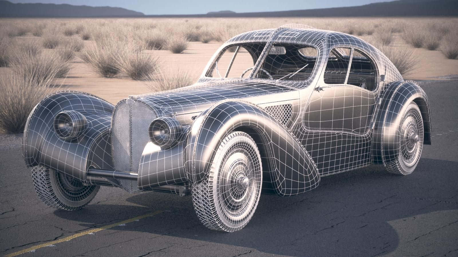 Bugatti Type 57SC Atlantic, desert sun, cracked road, HD Desktop Wallpaper