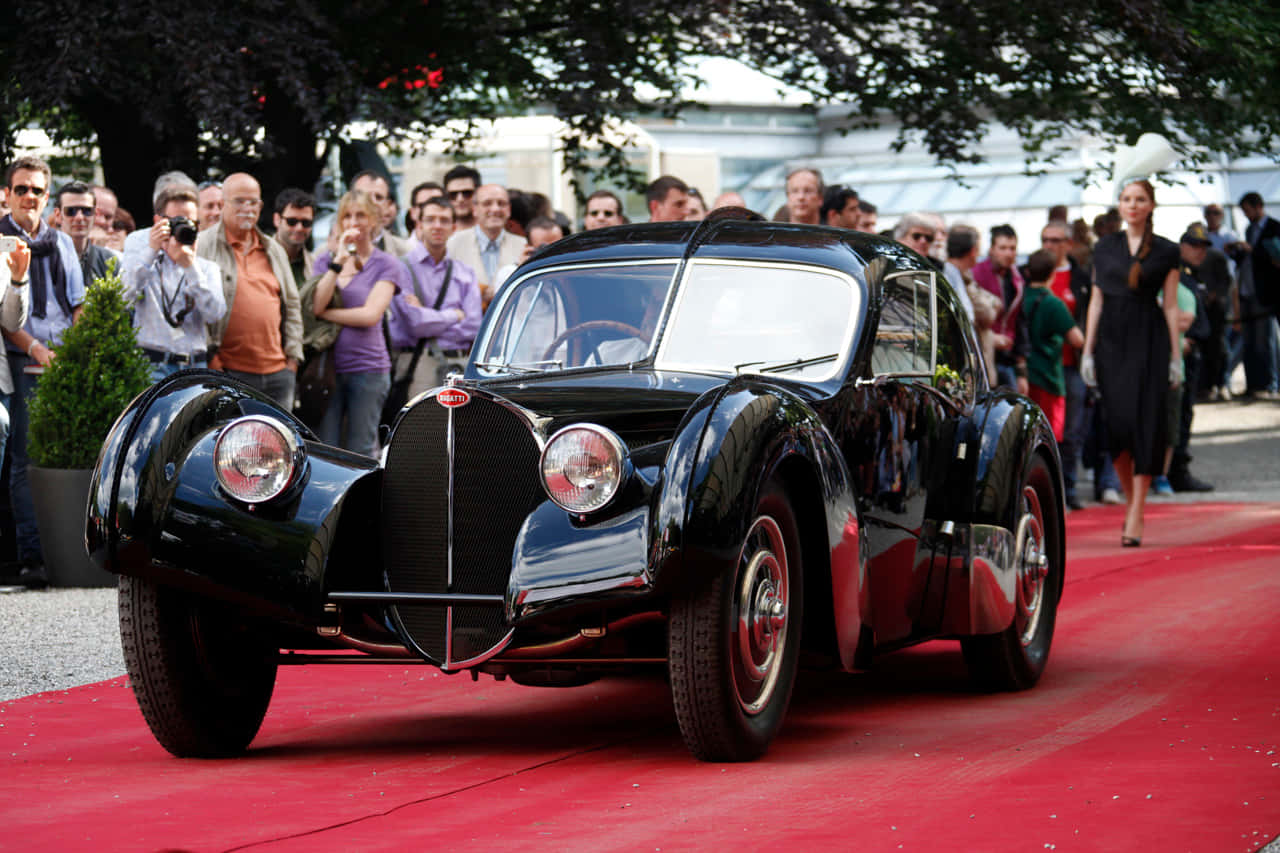 Bugatti Type 57SC Atlantic, glossy black, red carpet, HD Desktop Wallpaper