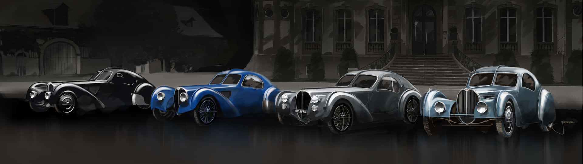 Bugatti Type 57SC Atlantic, vintage Bugatti cars, moody night lighting, Full HD Desktop Wallpaper