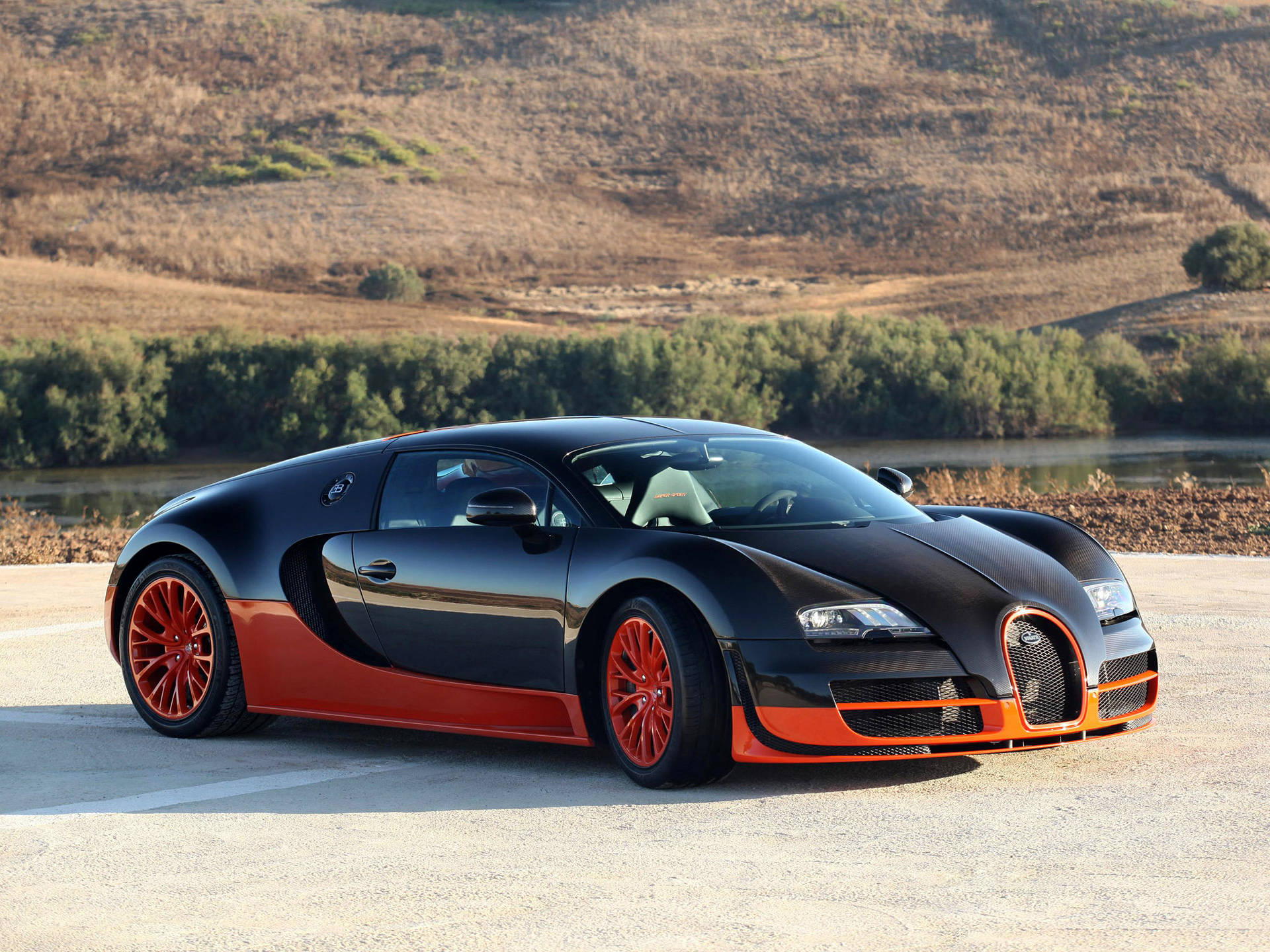 Bugatti Veyron, black and orange, paved surface, Full HD Desktop Wallpaper