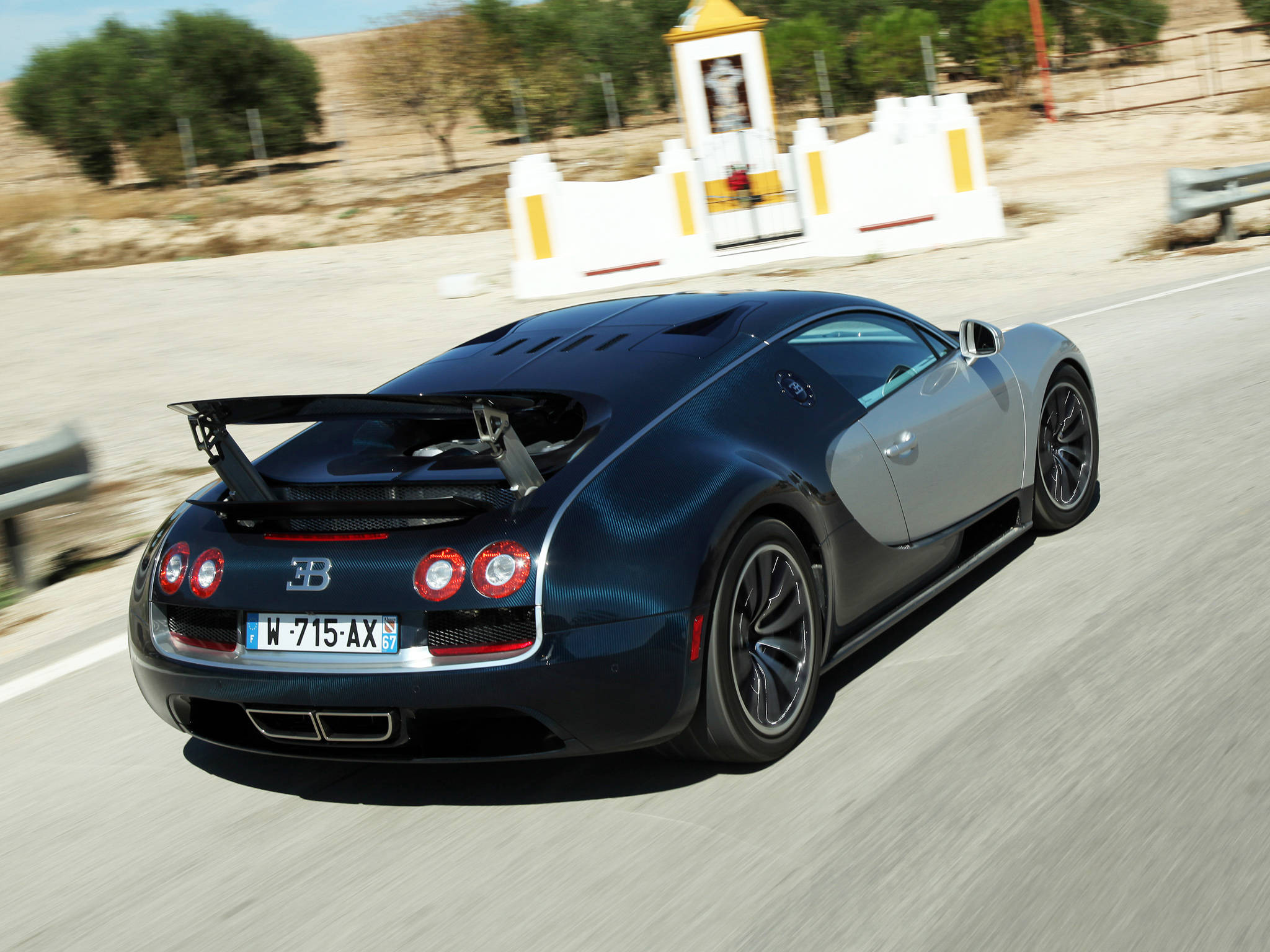 Bugatti Veyron, dark blue, sunlit rural road, Full HD Desktop Wallpaper