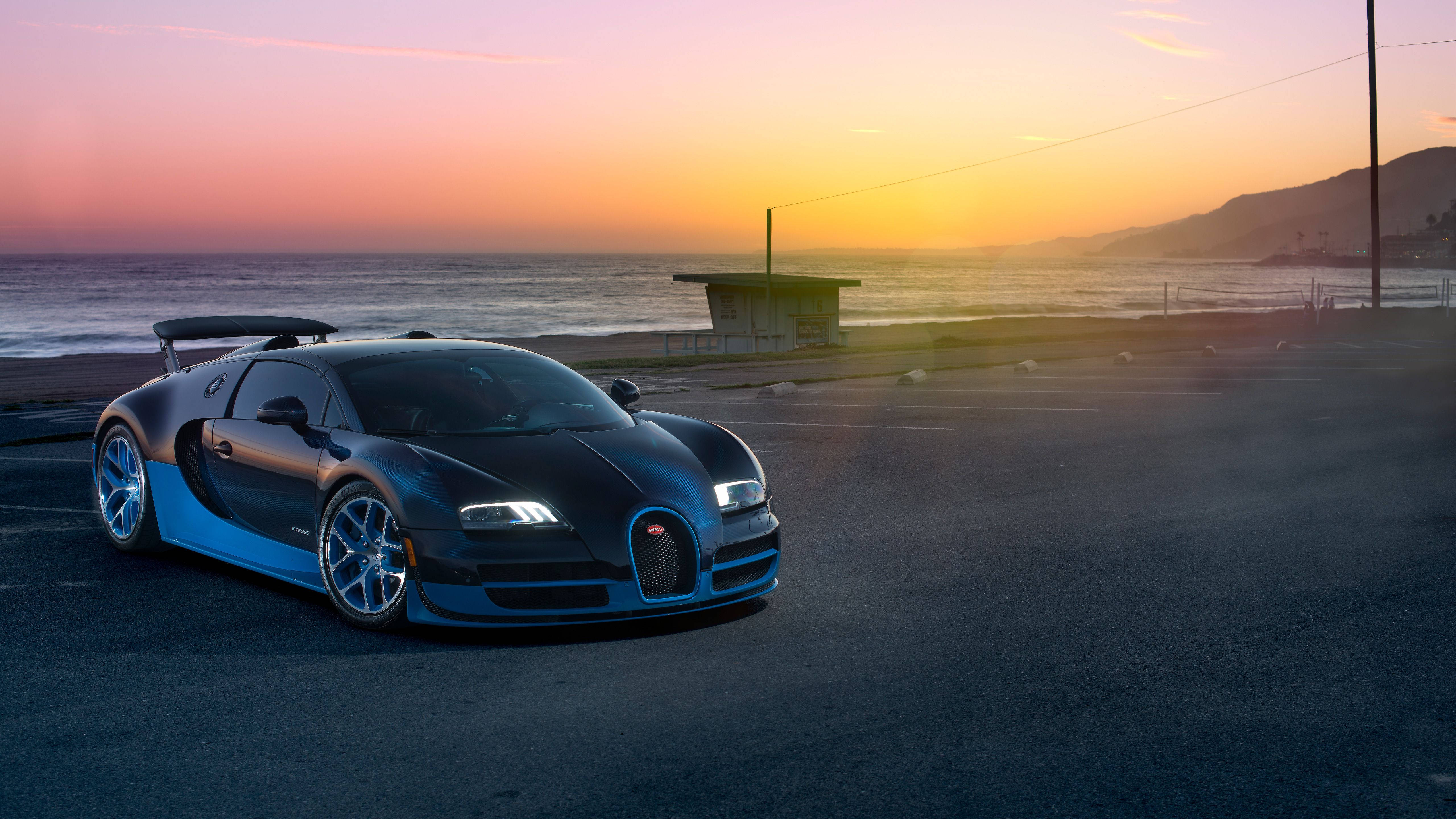 Bugatti Veyron, sunset, black, 5K Desktop Wallpaper