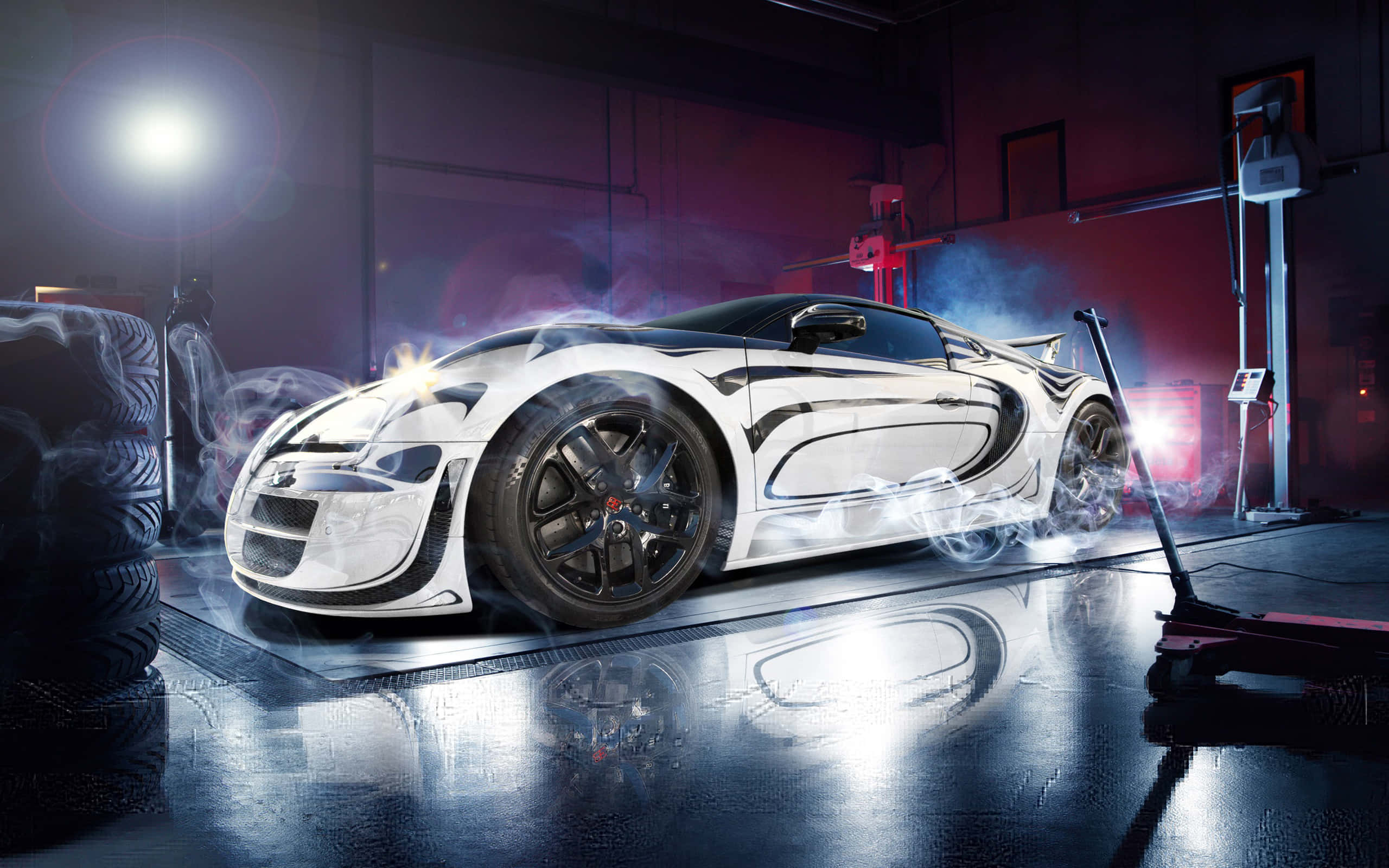 Bugatti Veyron, white sports car, dimly lit garage, 2K Desktop Wallpaper