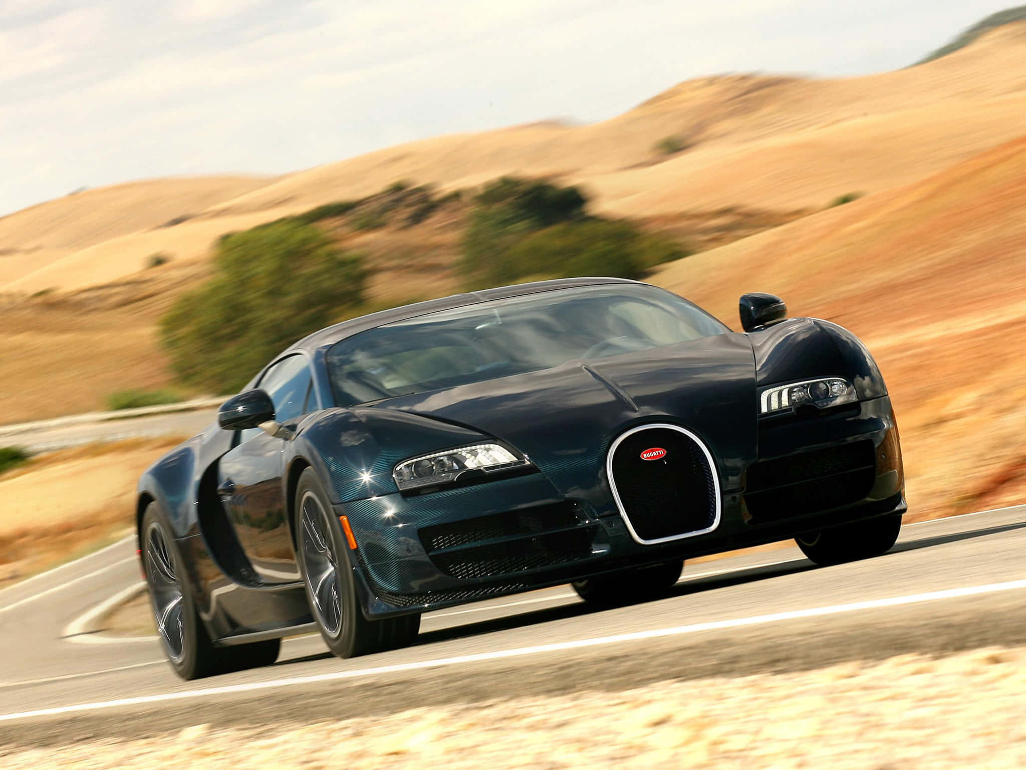 Bugatti Veyron, sleek black, winding desert road, Full HD Desktop Wallpaper