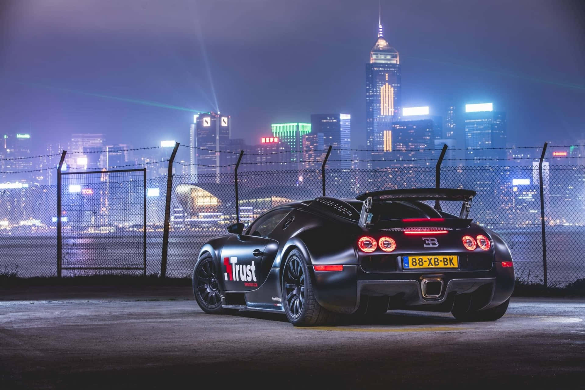 Bugatti Veyron, black, glowing red taillights, Full HD Desktop Wallpaper